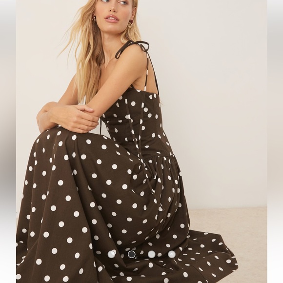 ASOS structured tie strap dropped waist midi dress in brown spot print - Picture 2 of 5